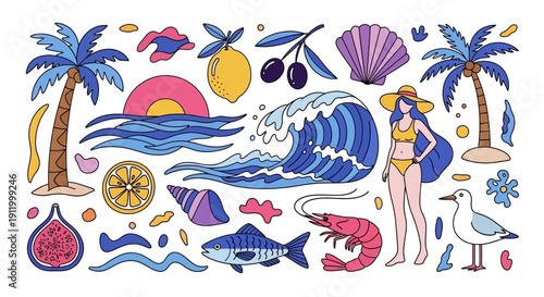 Vibrant Summer Beach Vibes with Palm Trees, Waves, and Tropical Elements