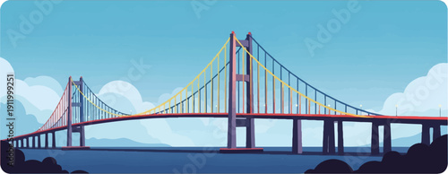 Stylized suspension bridge spans across a wide expanse of water under a cloudy sky