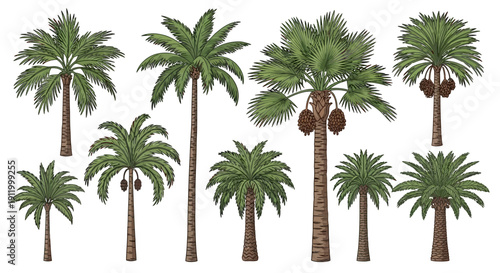 Collection of Diverse Palm Trees Vector Illustration on White Background