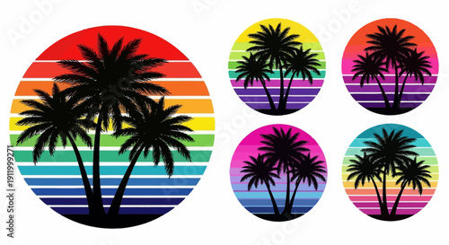 Collection of Vibrant Tropical Palm Trees Silhouetted Against Colorful Striped Sunsets