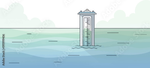 Stylized meter rising from tranquil blue and green water under light clouds