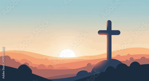 Stylized sunrise over hills with a silhouette cross on a hill
