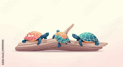 Three stylized turtles bask on a textured log