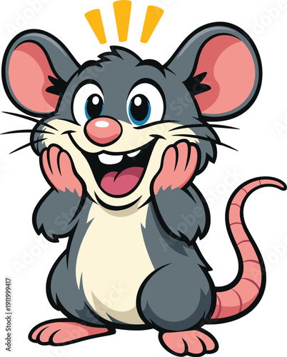 Surprised and delighted cartoon mouse, holding cheeks with hands, showing amazement and excitement.