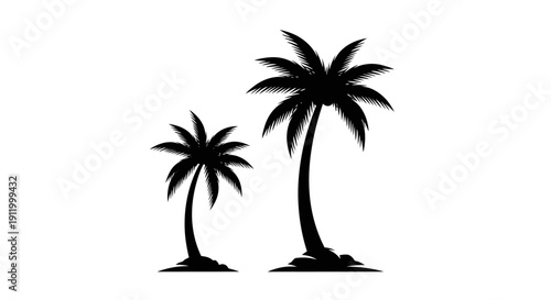 Silhouette of Two Palm Trees on a White Background, Tropical Island Vibe