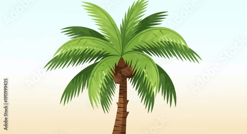 Vibrant Palm Tree with Green Fronds on a Sandy Beach Against a Soft Blue Sky
