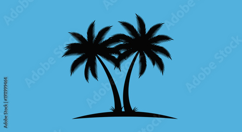 Stylized Silhouette of Two Palm Trees on a Tropical Island Against a Bright Blue Sky
