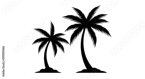 Two Silhouette Palm Trees on a White Background, Tropical Paradise and Vacation Concept