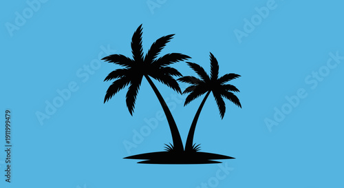 Stylized Black Silhouette of Two Palm Trees on a Small Island Against a Blue Sky