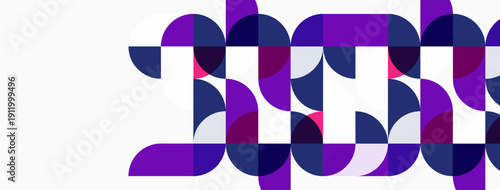 Abstract geometric pattern. Circles overlap creating letterforms, purple shades dominate white background. Modern design element.