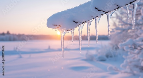 Snow covered branch with icicles against a soft sunset sky background