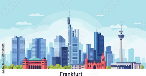 Stylized cityscape silhouette of tall modern buildings under a pale blue sky