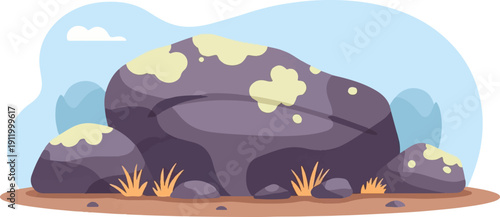 Stylized rocky landscape with textured boulders under a soft blue sky