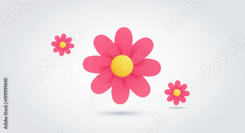 Three vibrant pink and yellow cartoon flowers floating against a soft grey background