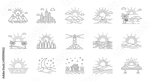 Collection of Minimalist Landscape Icons Featuring Sunrises and Sunsets
