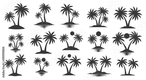 Collection of Tropical Palm Trees on Islands with Reflections and Sun, Vector Illustrations
