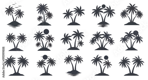 Collection of stylized palm tree icons on islands for tropical travel and resort themes