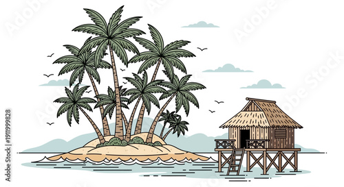 Idyllic Tropical Island Paradise with Overwater Bungalow and Palm Trees