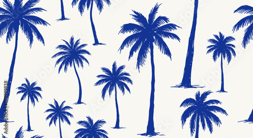 Seamless Pattern of Blue Palm Trees Silhouettes on White Background, Tropical Vibes