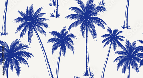 Stylized Blue Palm Trees Seamless Pattern on White Background