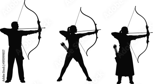 Black vector silhouette set of male and female archers aiming with longbows featuring professional shooting stances for archery sports competition hunting and traditional weaponry