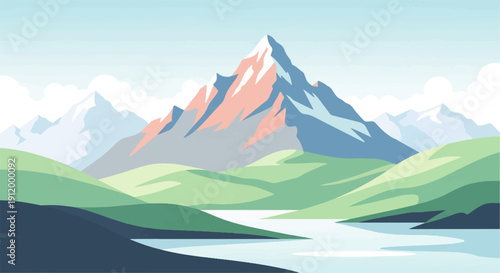 Stylized mountain peak with river, hills and clouds under blue sky