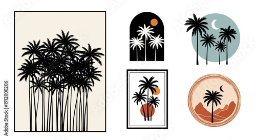Minimalist Palm Tree Landscape Vector Illustrations in Various Geometric Shapes and Styles