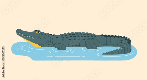 Stylized illustration of a large, gray crocodile partially submerged in light blue water