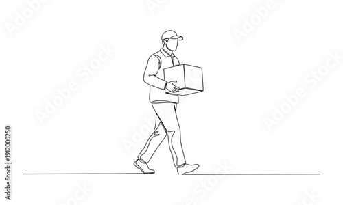 Delivery man holding cardboard box in continuous one line drawing. One line delivery shipment worker people vector illustration