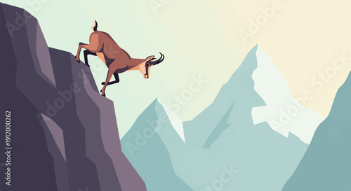 Stylized chamois leaps across a rocky cliff towards snow-capped mountains