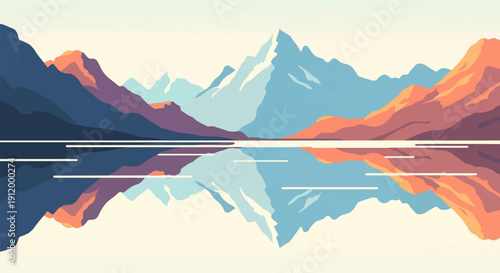 Stylized mountain range reflected in tranquil water under a soft sky