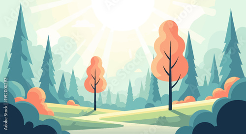 Sunny path winds through a stylized forest with orange and green trees