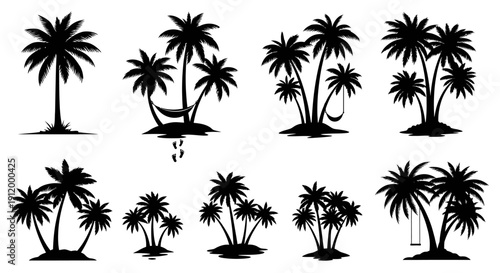 Diverse Silhouettes of Tropical Palm Trees on Islands for Summer Vacation Concepts
