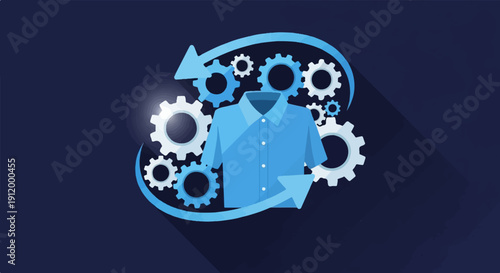 Stylized shirt with gears and arrows representing a process