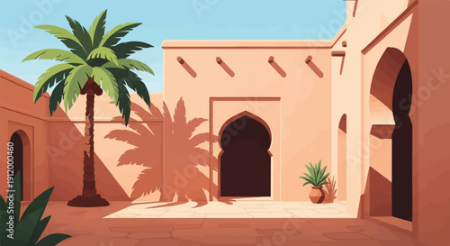 Sunny courtyard with palm tree and arched doorways