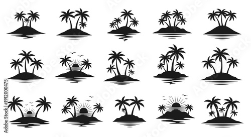 Tropical Island Silhouettes with Palm Trees and Sunsets, Vector Set