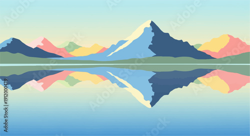 Stylized mountains reflected in calm water under a soft sky
