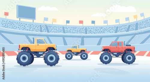 Three monster trucks are parked in a stadium in front of bleachers