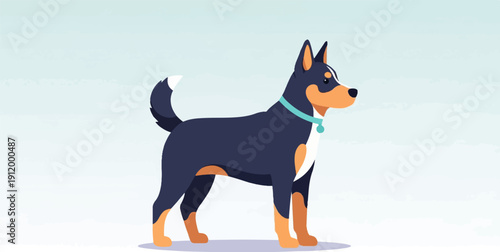 Stylized canine with dark fur, tan markings, and a turquoise collar