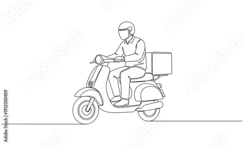 Continuous line art or One Line Drawing of Delivery Man Ride Scooter Motorcycle Cartoon Vector illustration. Fast delivery parcel concept. Dynamic one line draw