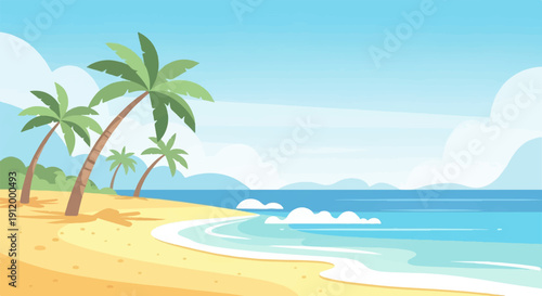 Sunny beach with palm trees, ocean waves, and distant hills