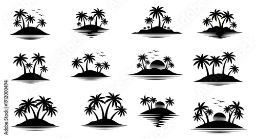 Collection of Modern Vector Illustrations Featuring Tropical Islands and Palm Trees