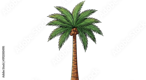 Tropical Palm Tree with Coconuts and Green Fronds Isolated on White Background