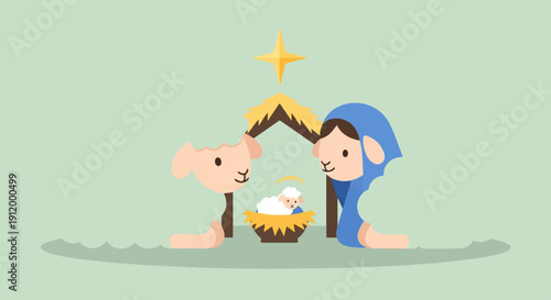 Stylized nativity scene with sheep characters under a star