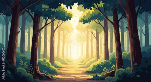 Sunlit forest path winding through trees under a bright sky