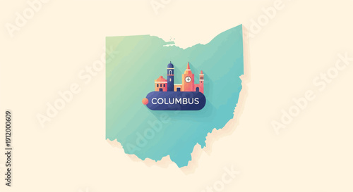 Stylized Ohio map with a colorful urban skyline icon in Columbus