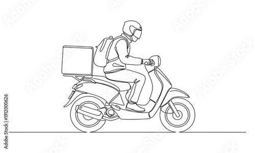 Continuous line art or One Line Drawing of Delivery Man Ride Scooter Motorcycle Cartoon Vector illustration. Fast delivery parcel concept. Dynamic one line draw