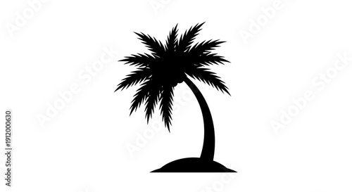 Black Silhouette of a Palm Tree on a Small Island against a White Background