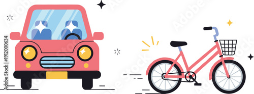 Modern Flat Vector Illustration of a Pink Car and Bicycle Representing Transportation Options, Urban Mobility, Eco-Friendly Travel, Commuting, and Sustainable City Life Concepts