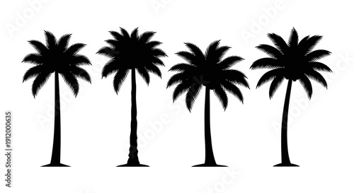 Row of Silhouette Palm Trees Isolated on White Background, Tropical Vibe